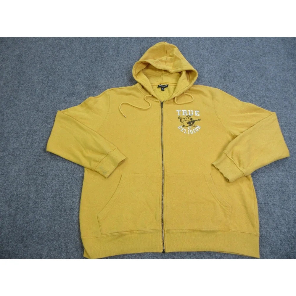 True Religion Hoodie Mens 2XL Yellow Full Zip Fleece Sweatshirt Buddha Star